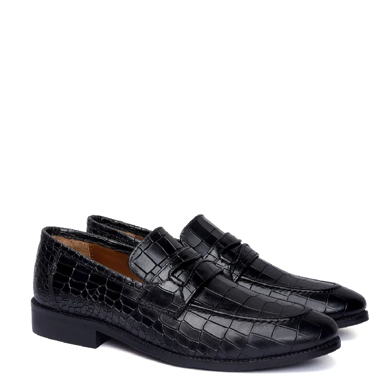 Men's loafers with a low - heeled design Men's loafers with a low - heeled design Black Penny Loafers with Cut Croco Leather