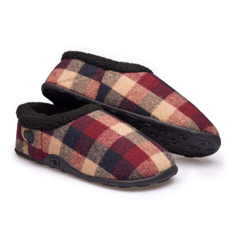 Leather men's slippers with a mule style Max - Wine Navy Check Men's Slippers