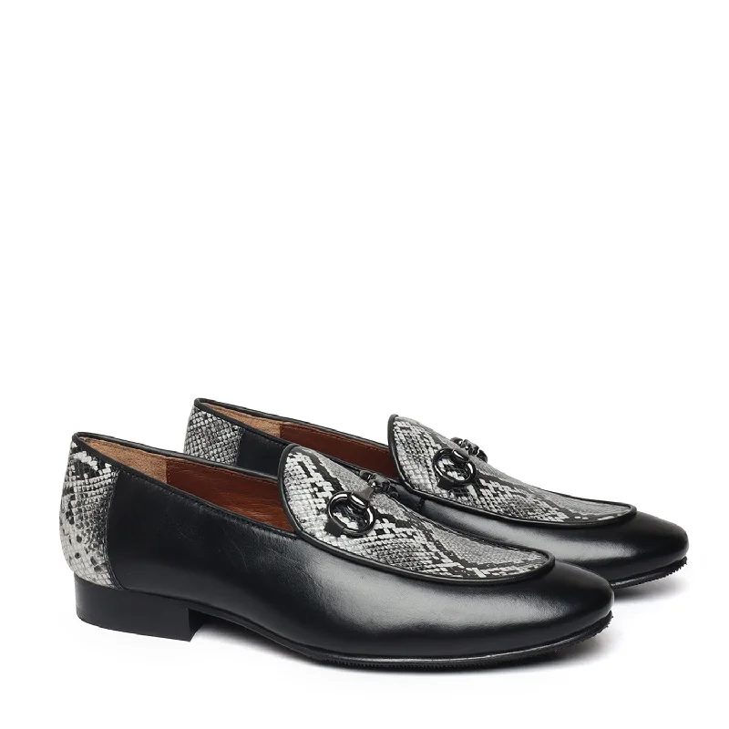 Men's loafers with a tassel front for a classic look Men's loafers with a tassel front for a classic look Black Horse-bit Leather Loafers With Snake Print at Vamp