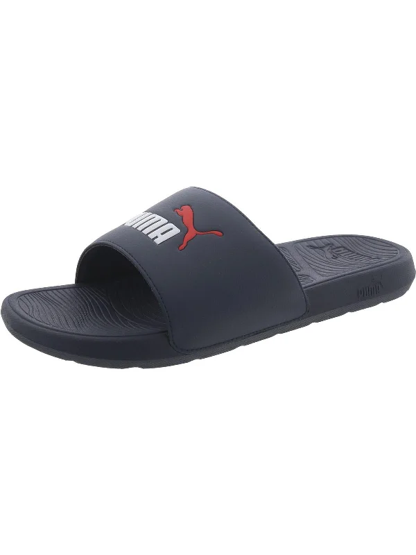 Men's sandals with a perforated leather upper for ventilationMens Cushioned Footbed Open Toe Pool Slides