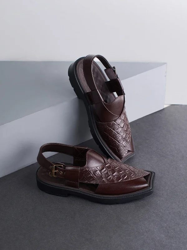 Men's sandals with a padded heelMens "KAIDEN" Textured Leather Peshawari Sandals