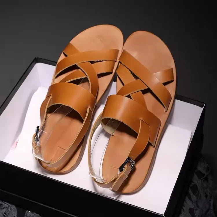 Men's sandals with a shock - absorbing insoleMen's Summer Genuine Cowhide Leather Cross Buckle Strap Flat Sandals