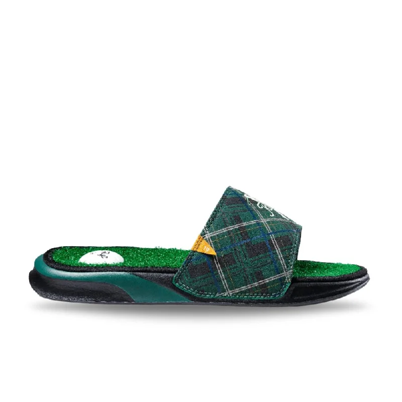 Men's leather sandals with an adjustable strapReef Men's Mulligan Slide - Green Tartan