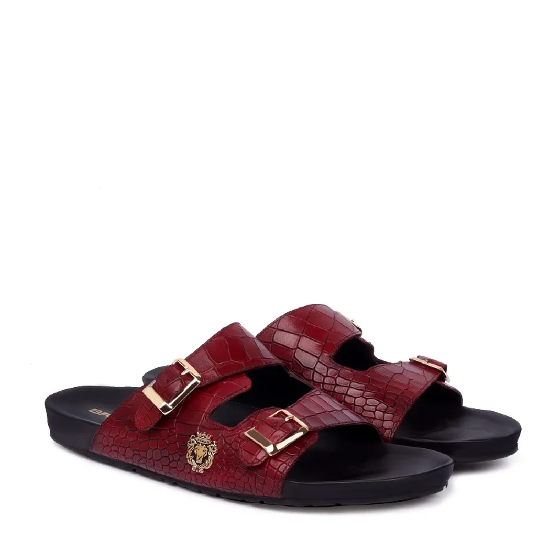 Men's slippers in a warm color like red or brownAdjustable Buckle Slipper in Wine Deep Cut Leather