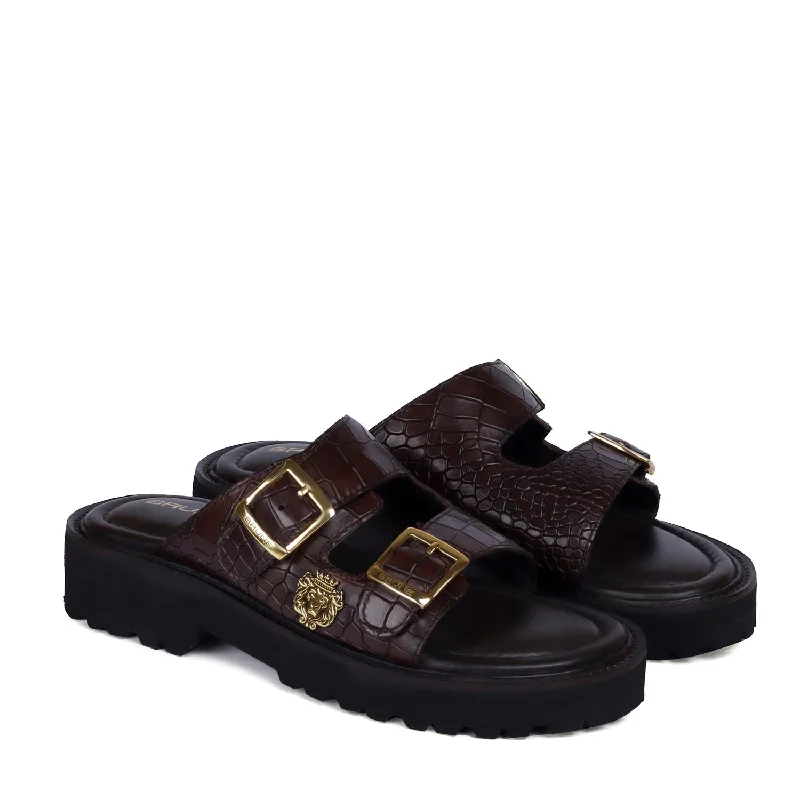 Men's slippers with a logo patch on the sideLug Sole Slide-in Slippers Dark Brown Cut Croco Textured Leather