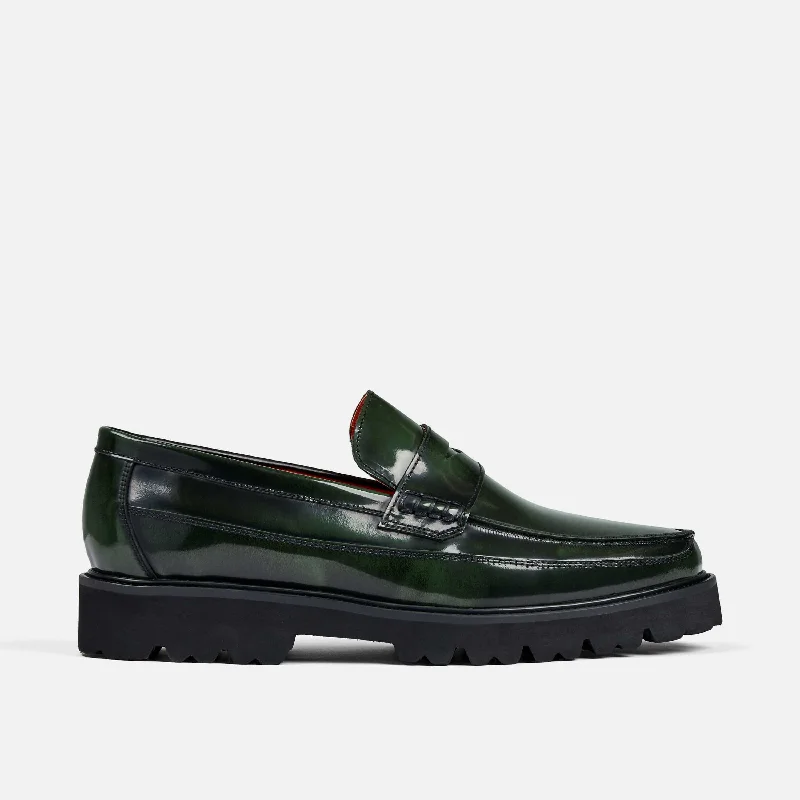 Men's loafers with a stretchy side panel for a better fitAdler Dark Green Patent Leather Penny Loafers