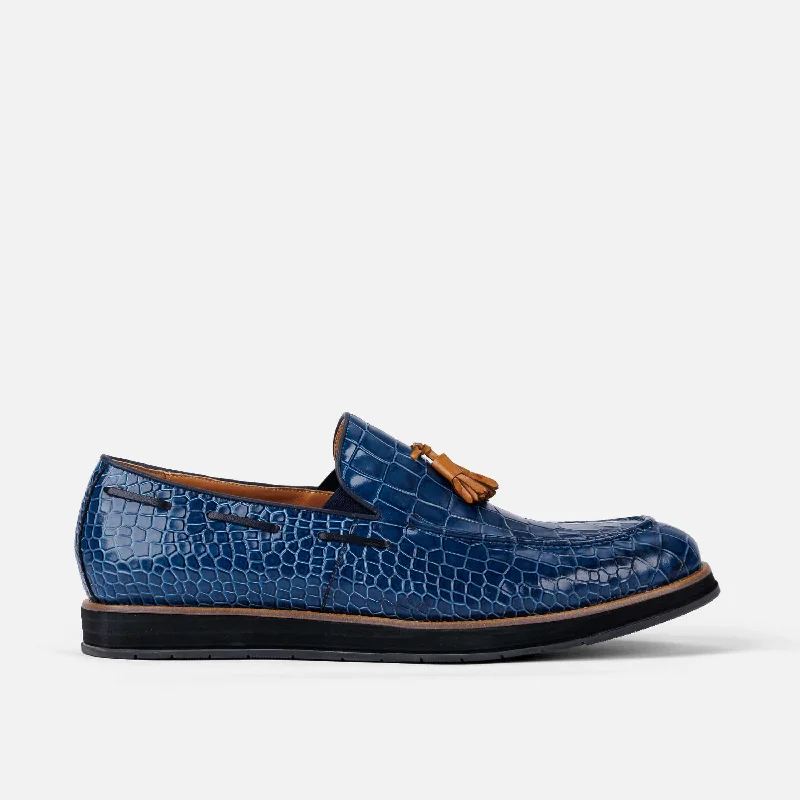 Men's loafers with a moc - toe designApollo Blue Crocskin Tassel Loafers