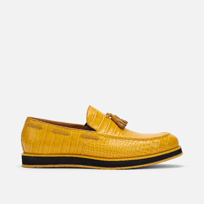 Slip - on men's loafers for easy wearApollo Yellow Crocskin Leather Tassel Loafers