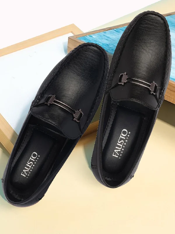 Men's casual shoes with a soft insole for cushioningBasics Men Black Horsebit Buckle Premium Slip On Casual Loafers and Moccasin Shoes