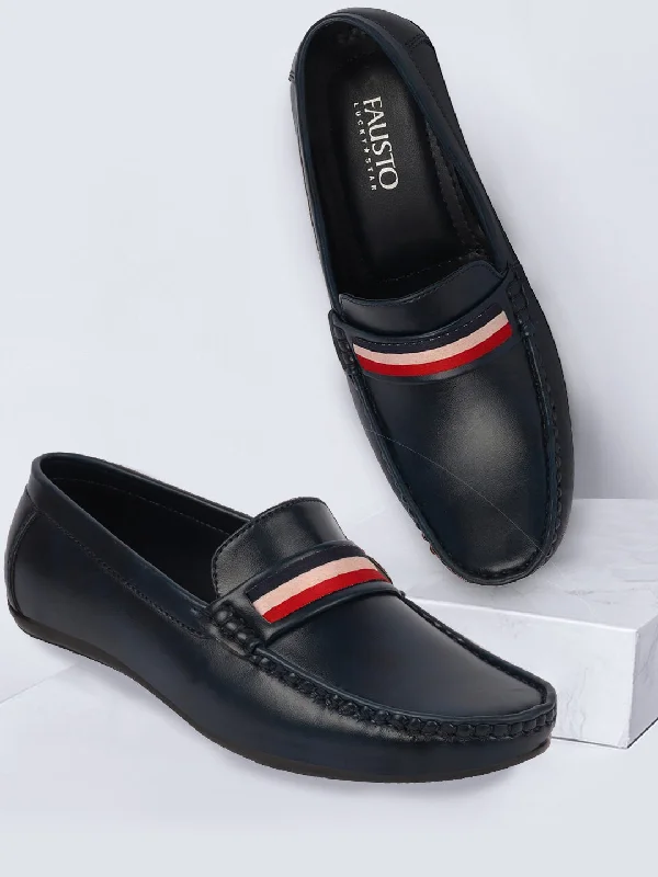 Men's casual shoes with a rubber toe cap for protectionBasics Men Blue Colored Stripe Design Side Stitched Casual Slip On Loafers and Moccasin Shoes