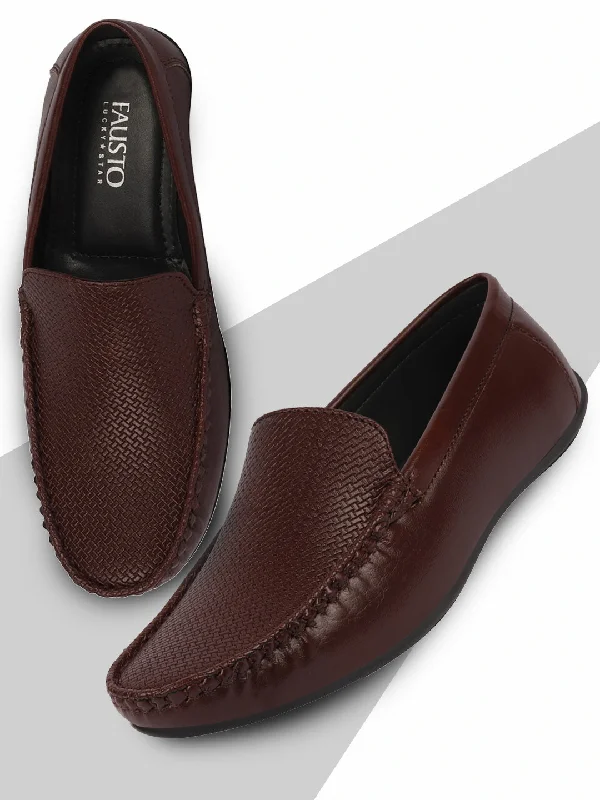 Men's casual shoes with a floral print for a unique styleBasics Men Brown Textured Print Side Stitched Casual Slip On Loafers and Moccasin Shoes