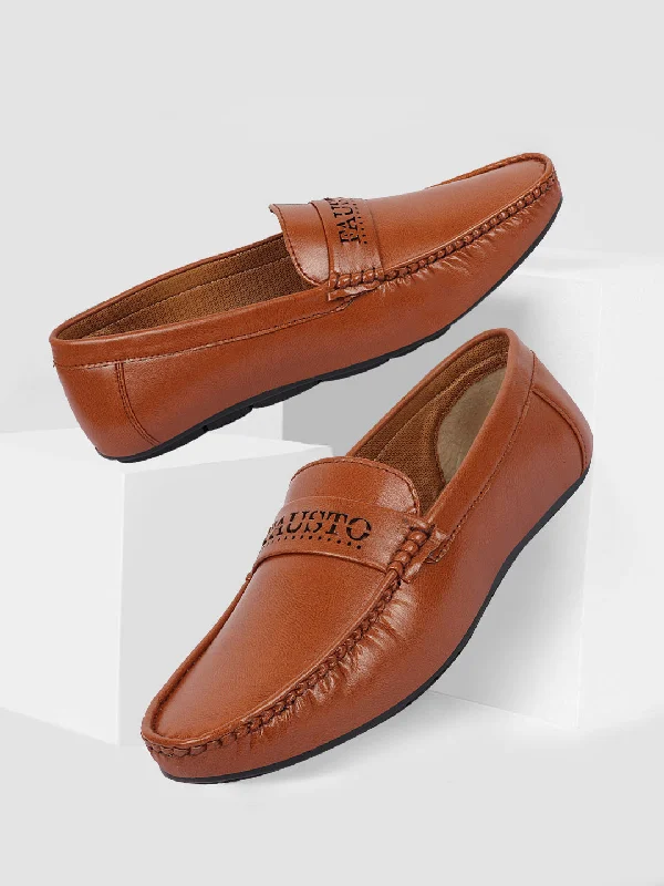 Men's casual shoes with a removable footbed for cleaningBasics Men Tan Laser Cut Logo Design Slip On Loafer Mocassin Shoes