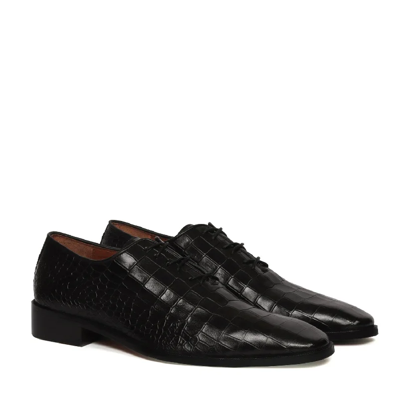 Men's Oxfords with a low - heeled design and a square toeBlack Slant Toe Oxford Shoes with Full Croco Textured Leather (Designed For T-20 Wolrd cup 2023 Team India )