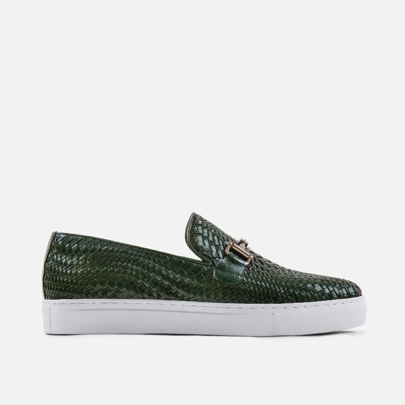 Men's loafers with a decorative buckleBoardwalk Forest Green Woven Leather Horse-Bit Sneakers