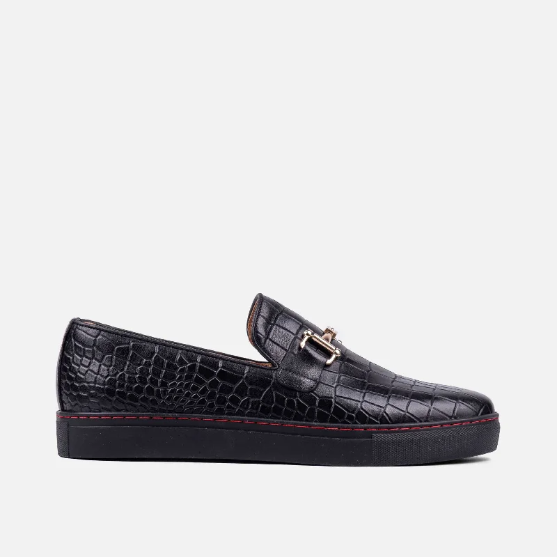 Men's loafers with a decorative buckleBoardwalk Black Crocskin Leather Horse-Bit Sneakers