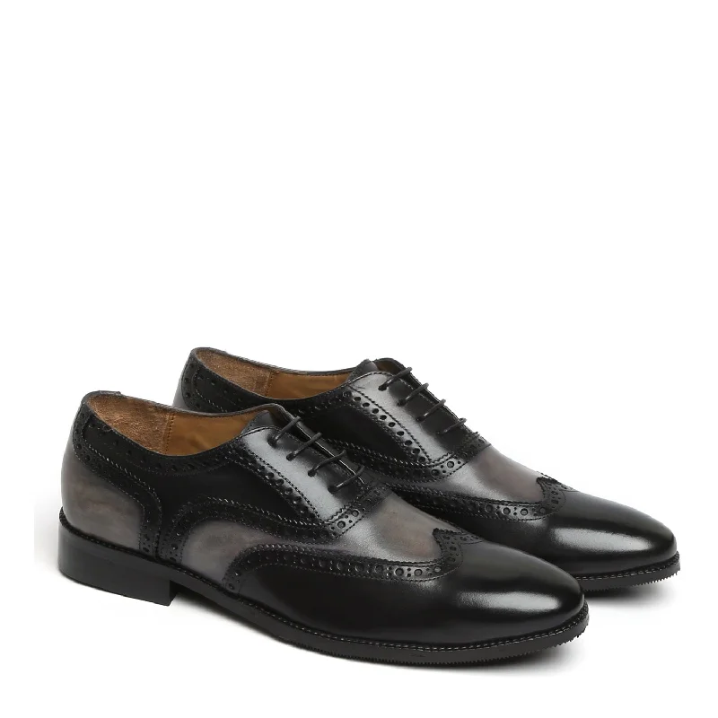 Men's Oxfords with a low - heeled design and a square toeGrey Black Formal Shoe In Dual Tone Punching Brogue Leather Oxford Lace-Up