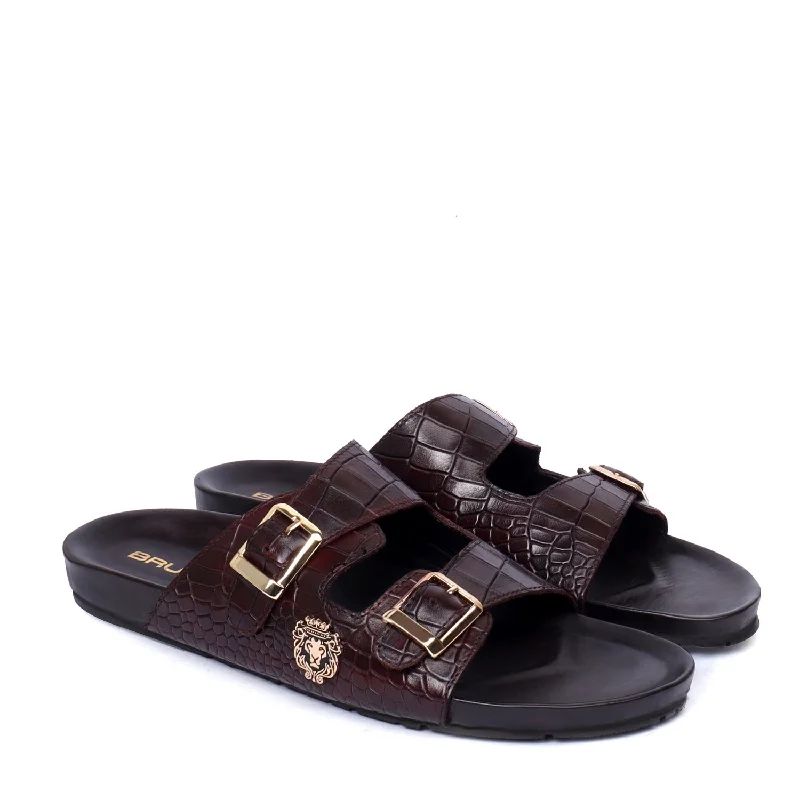 Men's slippers with a decorative pom - pom or tasselFootbed Slippers in Dark Brown Croco Textured Leather