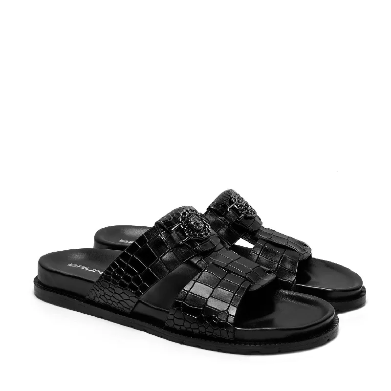 Men's slippers with a breathable fabric upperBroader Toe Strap Slippers in Black Leather