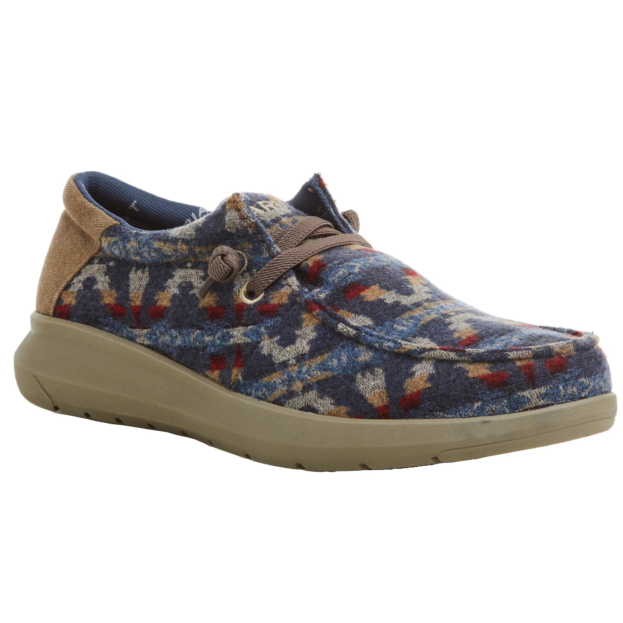 Men's casual shoes with a contrast sole colorAriat Men's Hilo Stretch Lace Blue Aztec Wooly Casual Shoe