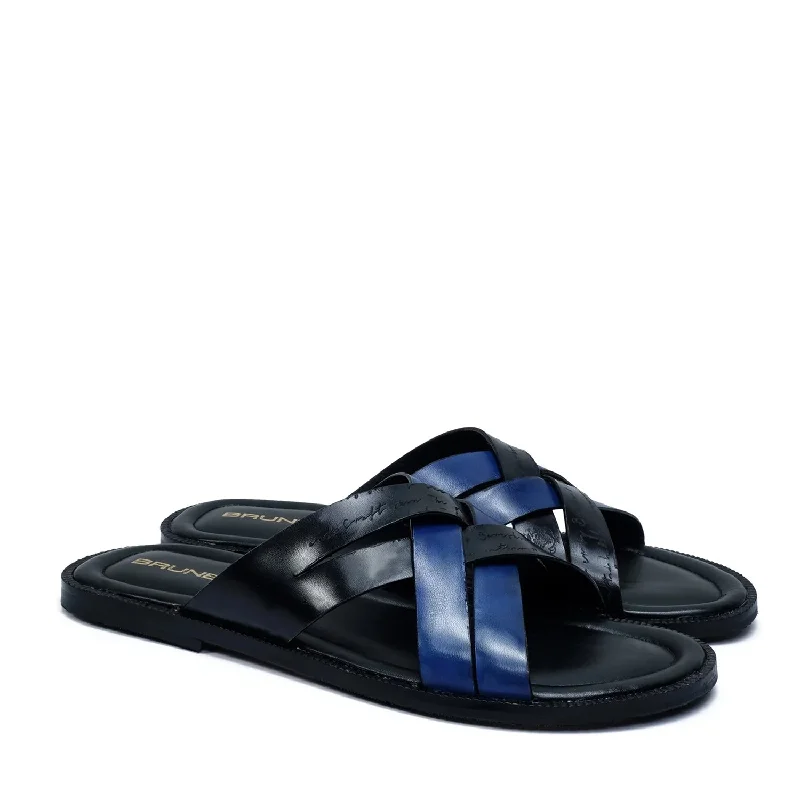 Men's slippers with a decorative pom - pom or tasselCross Strap Welt Slide In Slippers with Laser Engraved Blue And Black Leather