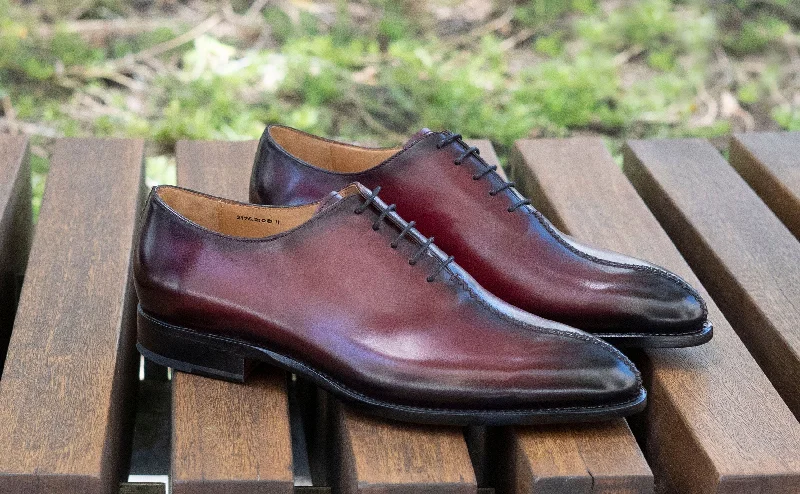 Brogue - perforated men's Oxfords for a traditional look"Derrick" Burnished Calfskin Lace-Up Oxford Burgundy