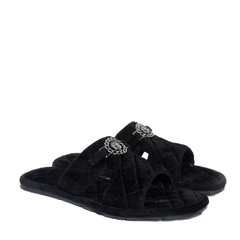 Leather men's slippers with a mule styleItalian Black Velvet Slipper with Diamond Stitched Broader Toe Strap