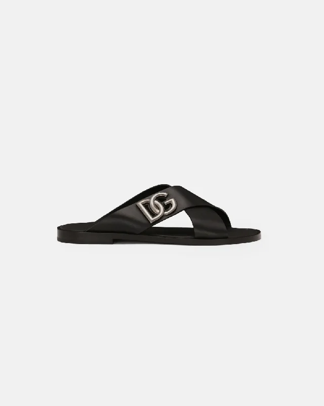Men's slippers in a warm color like red or brownDolce & Gabbana Light Calfskin Sandals with Metal DG Logo