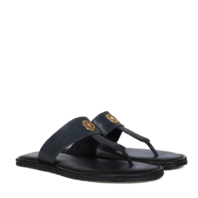 Men's plush slippers with a faux fur liningT-Strap Exotic Stingray Fish Leather Slippers