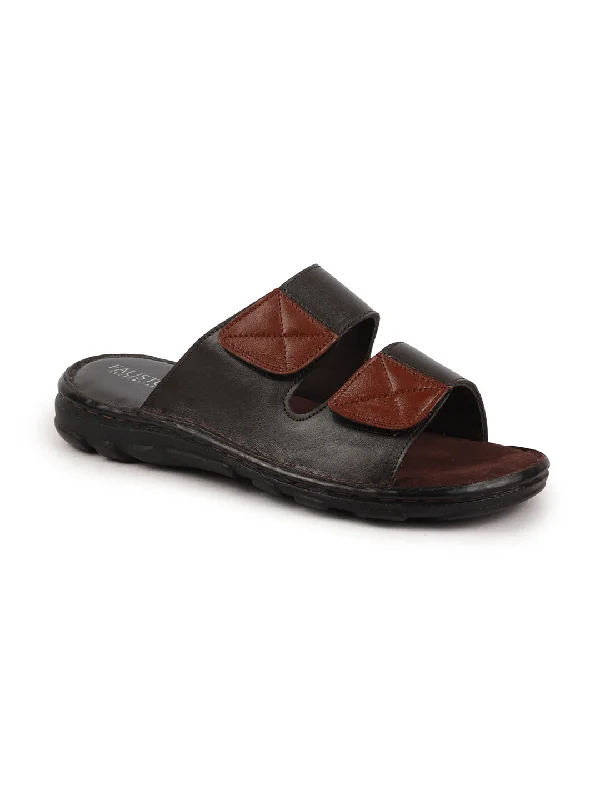Men's slippers with a rubber sole for outdoor useMen Dark Brown Genuine Leather Adjustable Velcro Strap Broad Feet Open Toe Suede Leather Insole Slippers