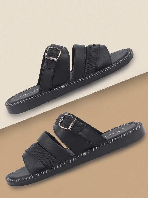 Men's slippers with a padded collar for comfortMen Black Slip On TPR Sole Side Stitch Outdoor & Indoor Slippers