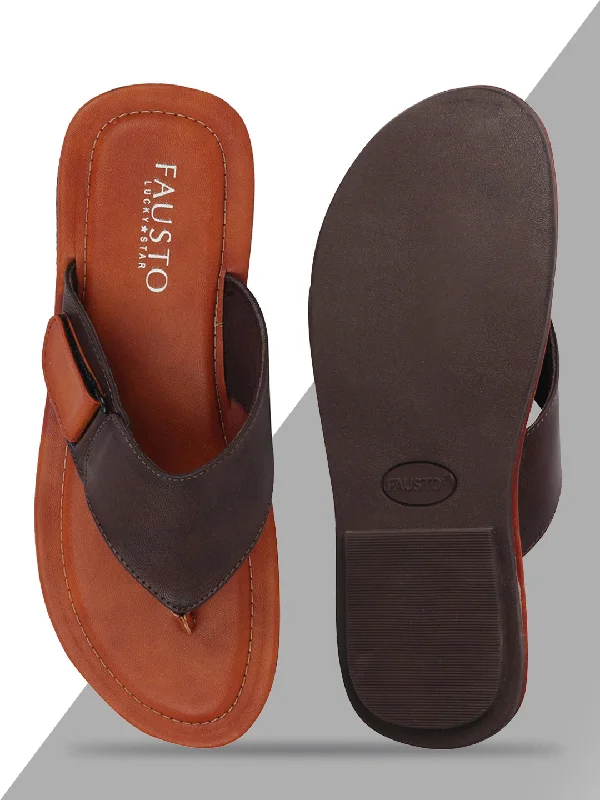 Men's slippers with a Velcro closure for easy on and offMen Brown Slip On Indoor & Outdoor Slippers With Buckle Strap