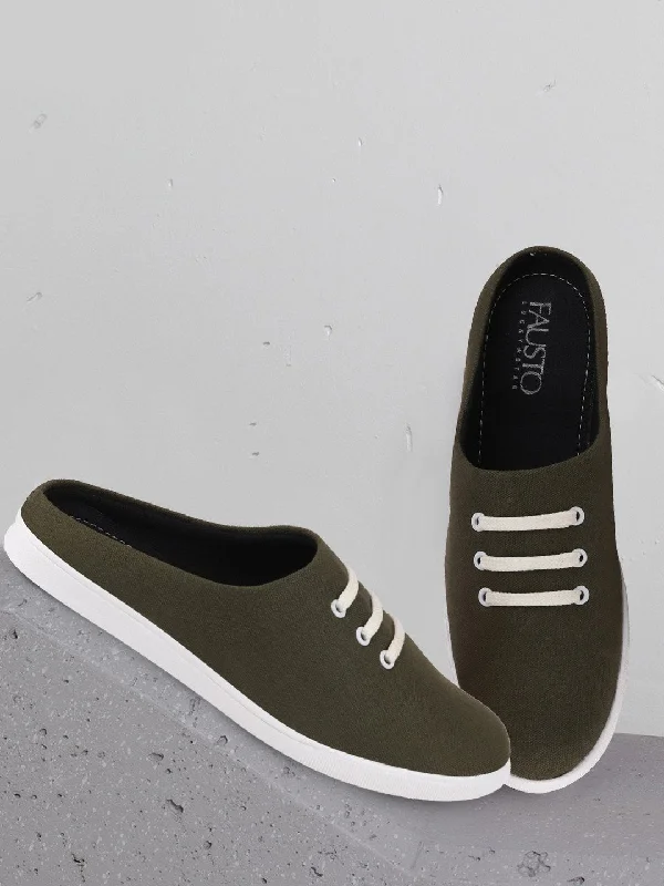 Men's casual shoes with a stretchy side panelMen Olive Green Casual Canvas Slip-On Shoes