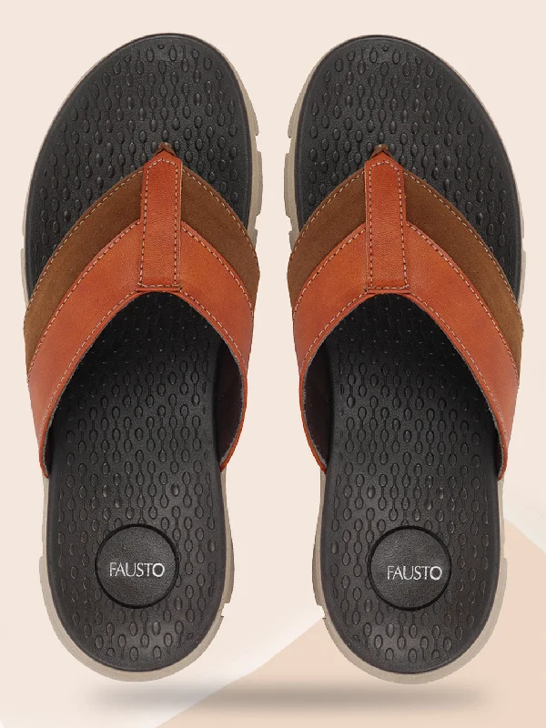 Men's slippers with a leather sole for a classic lookMen Tan Slip On Casual Flexible Phylon Sole Slippers