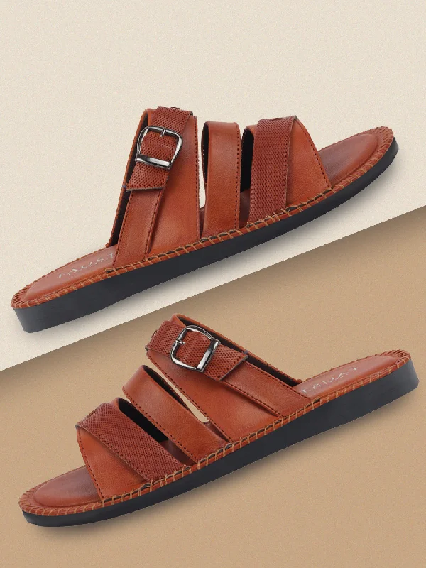 Men's slippers with a decorative pom - pom or tasselMen Tan Slip On TPR Sole Side Stitch Outdoor & Indoor Slippers