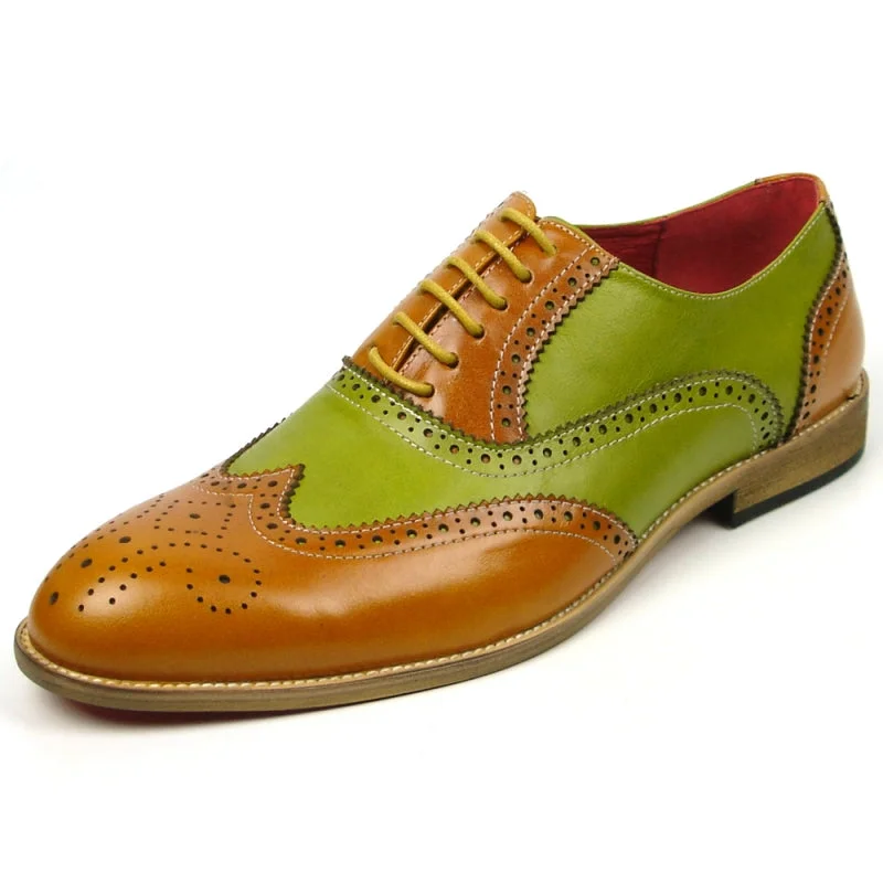 Men's Oxfords with a perforated leather strap for ventilationFiesso FI-7400 Tan Green Wing Tip Lace Up Oxfords