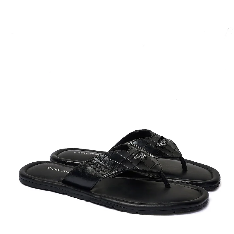 Men's slippers with a Velcro closure for easy on and offGunmetal Replaceable Lion Penny Slipper in Black Leather