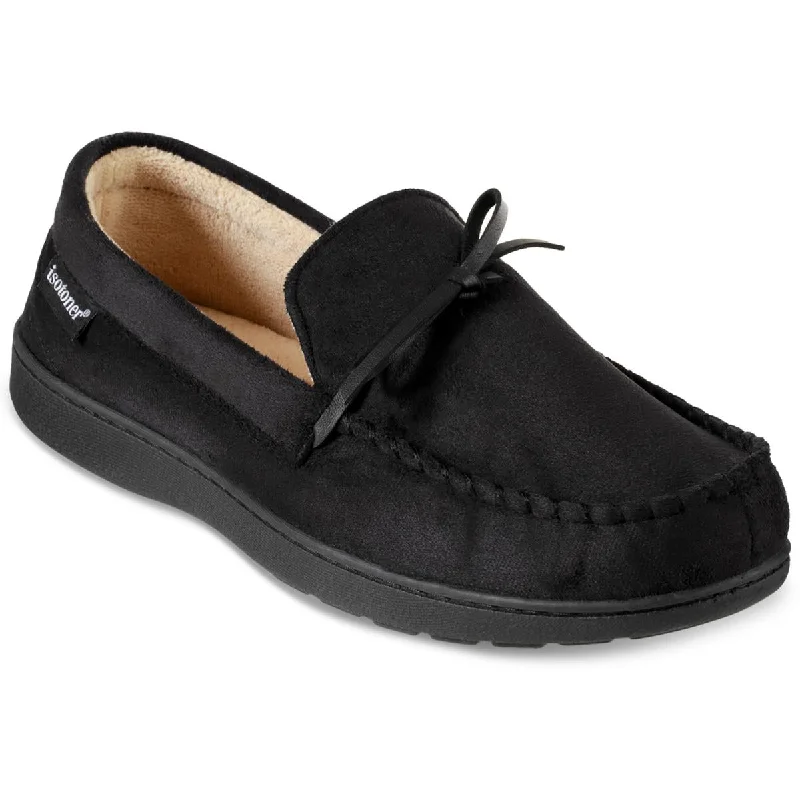 Men's slippers with a logo patch on the sideIsotoner Mens Faux Suede Slip On Moccasin Slippers