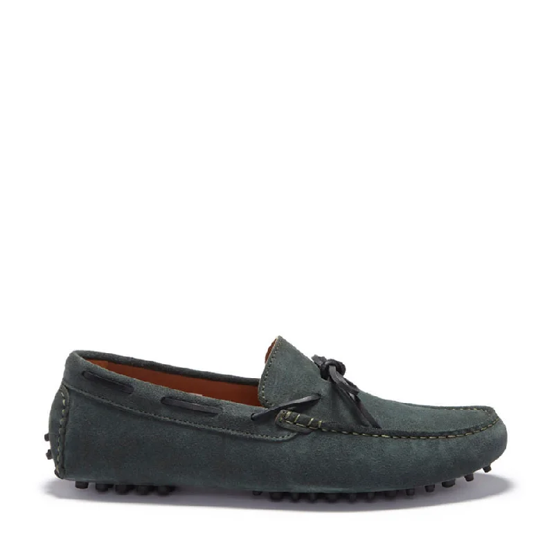 Men's loafers with a perforated leather upper for ventilationLaced Driving Loafers, racing green suede