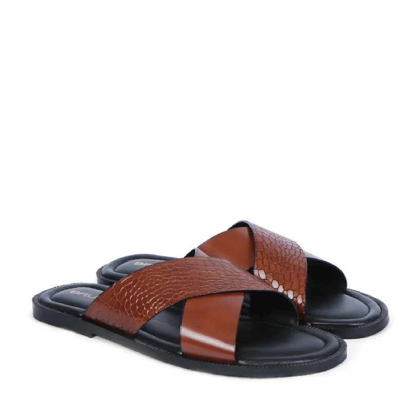 Men's slippers with a leather sole for a classic lookCrossover Double Strapped Slipper in Orange Tan Leather