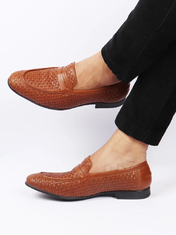Men's casual shoes with a flexible rubber outsoleMen Tan Hand Knitted Design Penny Loafer Slip On Shoes