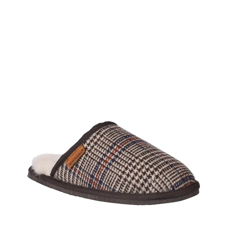 Men's slippers with a stretchy side panel for a better fitMens Hush Puppies Sled Slippers Slip On Shoes Natural Plaid Leather Wool