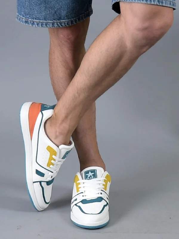 Men's casual shoes with a logo patch on the tongueMen White Colorblocked Memory Cushion Insole Lace-Up Low Top Sneakers|Classic Comfortable Sneakers