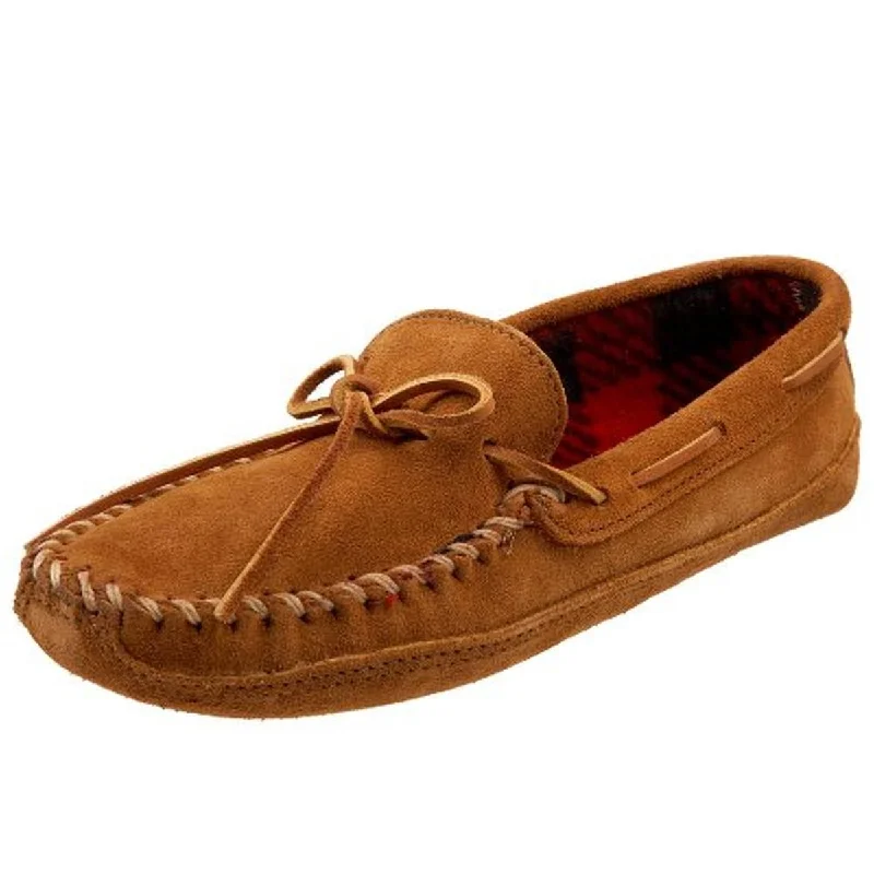 Men's slippers with a leather sole for a classic lookMinnetonka Mens Double Bottom  Suede Moccasin Slippers