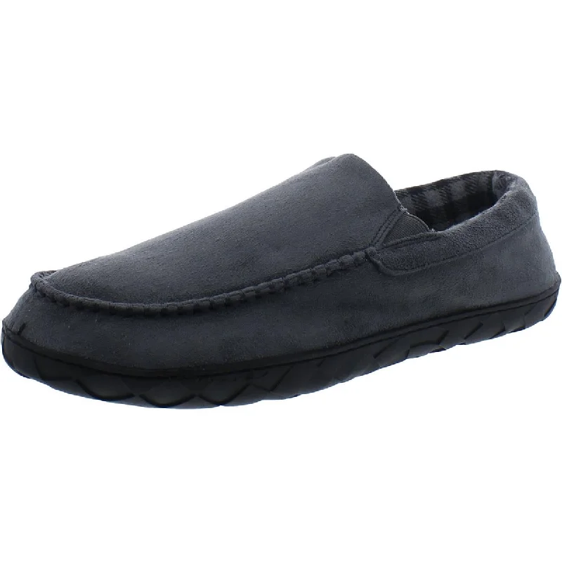 Men's slippers with a logo patch on the sideNewDenber Mens Faux Leather Slip On Loafer Slippers