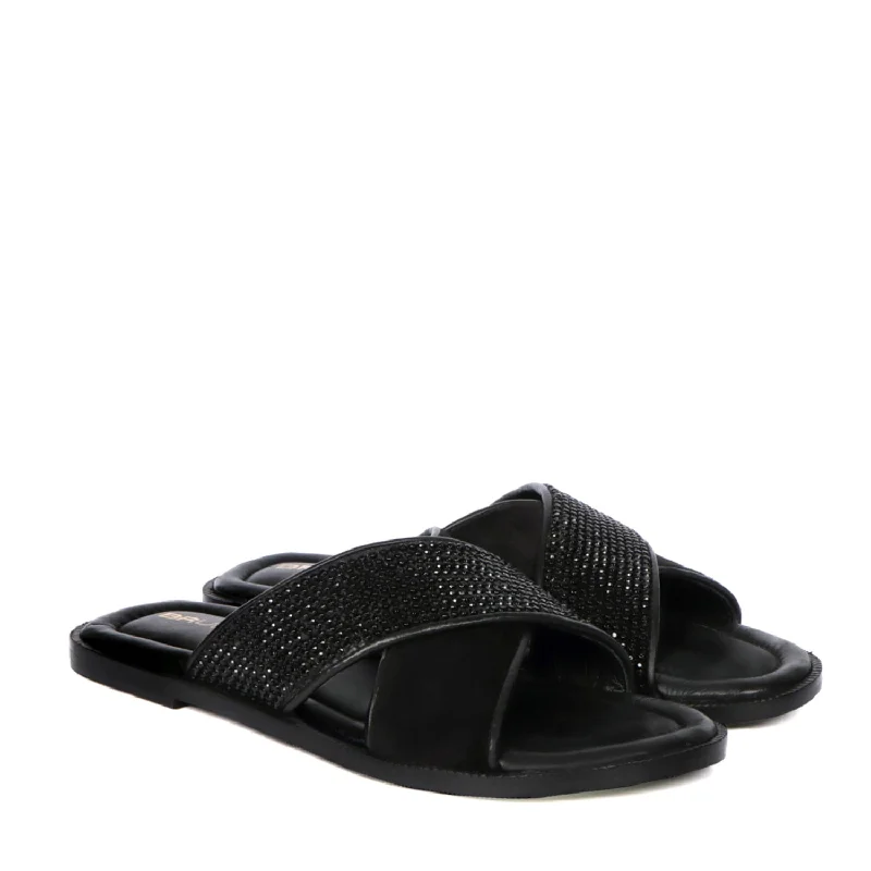 Men's slippers with a leather sole for a classic lookSlide in Slipper Wide Crossover Strapped Embellished Black Leather
