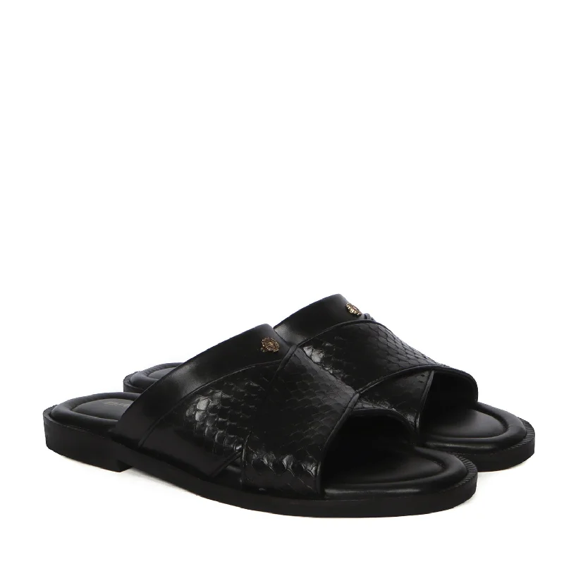 Men's slippers with a stretchy side panel for a better fitSlide In Slippers With Snake Scales Textured Leather Crossover Straps