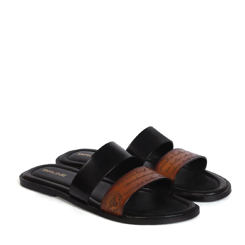 Leather men's slippers with a mule styleSlipper With Laser Engraved Dual Strapped Tan & Black Leather