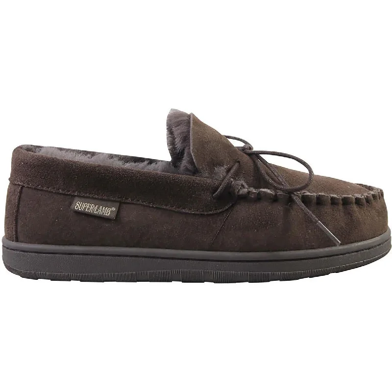 Men's plush slippers with a faux fur liningSuper Lamb Mens Suede Sheepskin Lined Moccasin Slippers