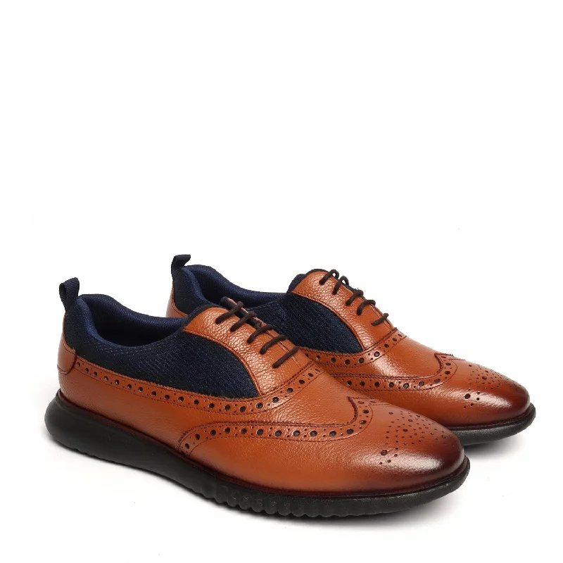 Men's Oxfords with a cap - toe design and a rubber heelTan Leather Blue Mesh Light Weight Dress Sneakers by BRUNE & BARESKIN