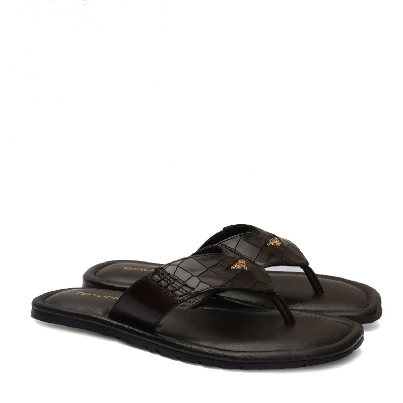 Men's slippers with a breathable fabric upperV-Strap Replaceable Lion Penny Slipper in Dark Brown Leather
